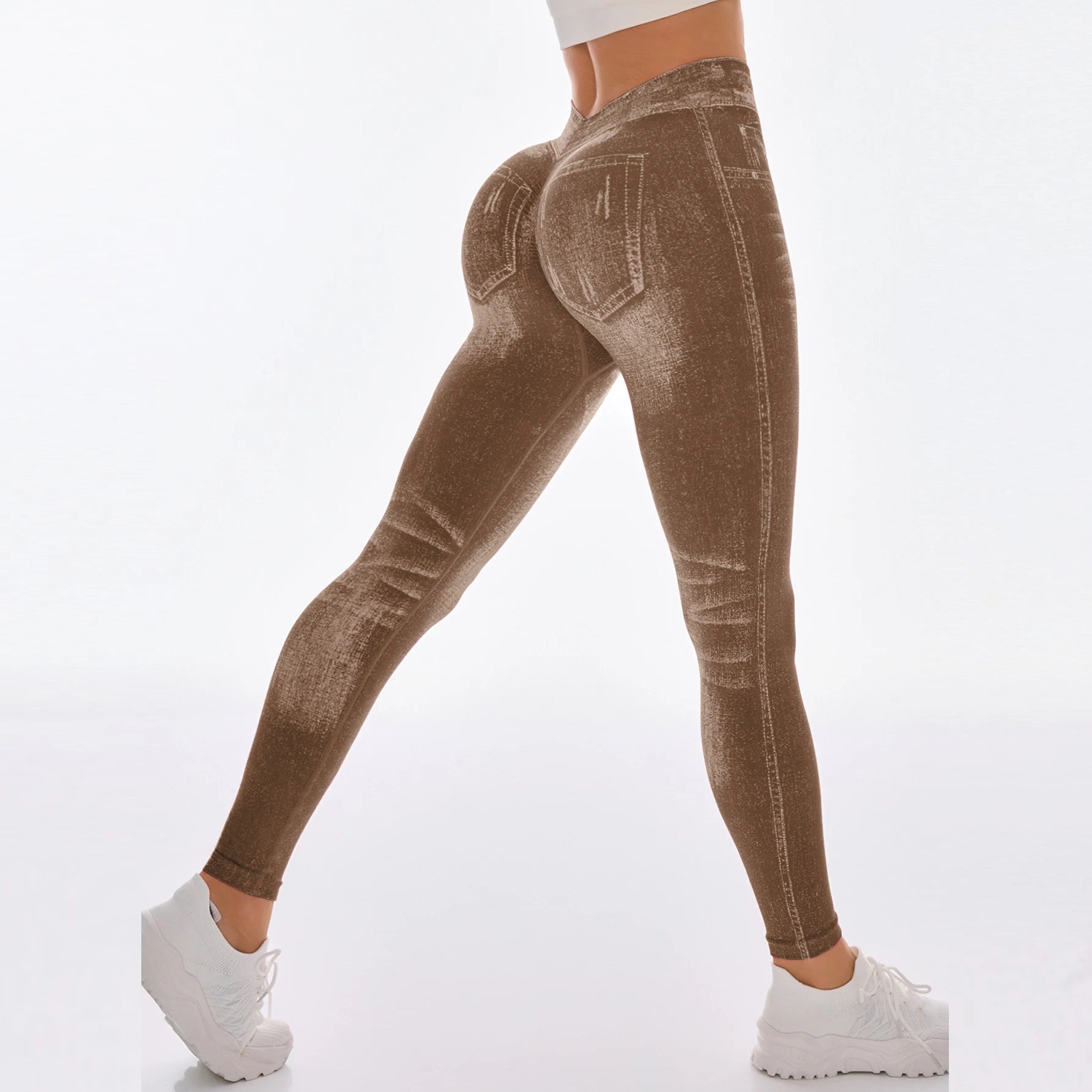 Women V Back Jean Leggings Gym Yoga Pants Casual Elastic Workout Exercise Fitness Running Fitness Tights