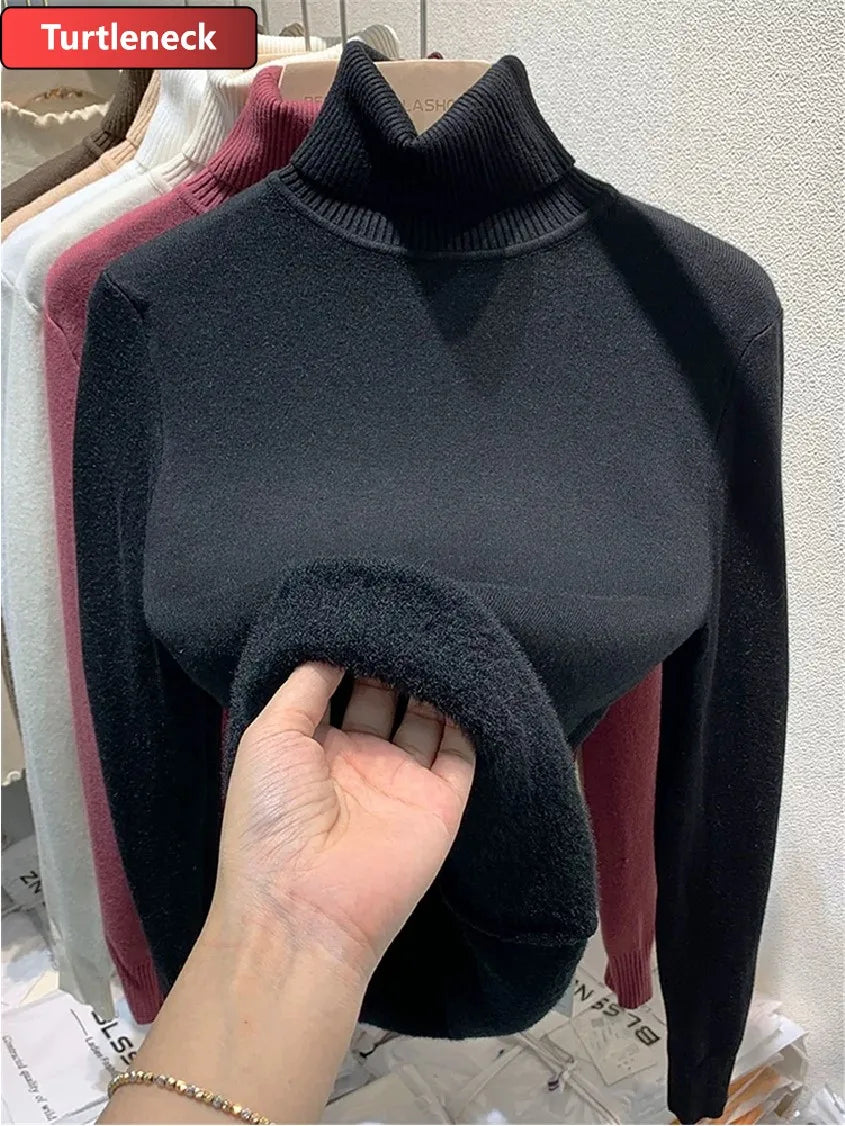 Thicken Velvet Turtleneck Sweater Women Korean Fashion Lined Warm