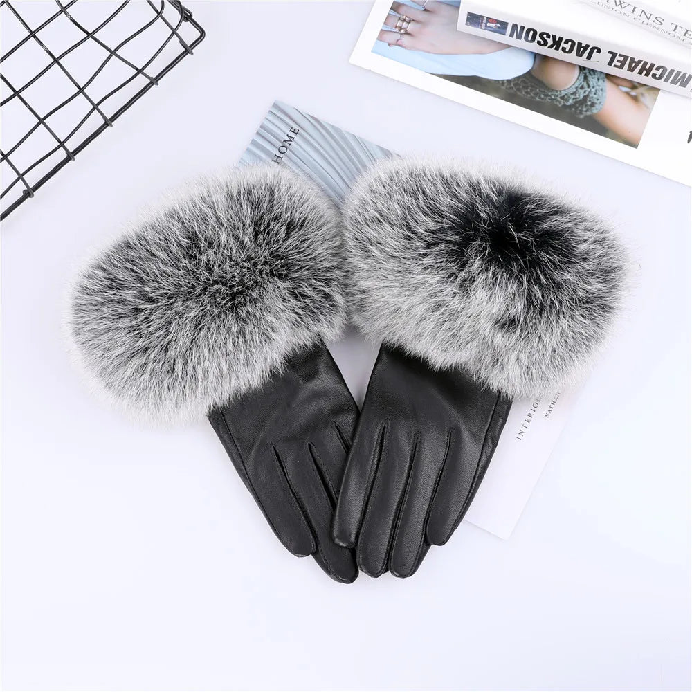 Sheepskin Gloves with Natural Fox Fur Trim – Women’s Genuine Leather Winter Mittens