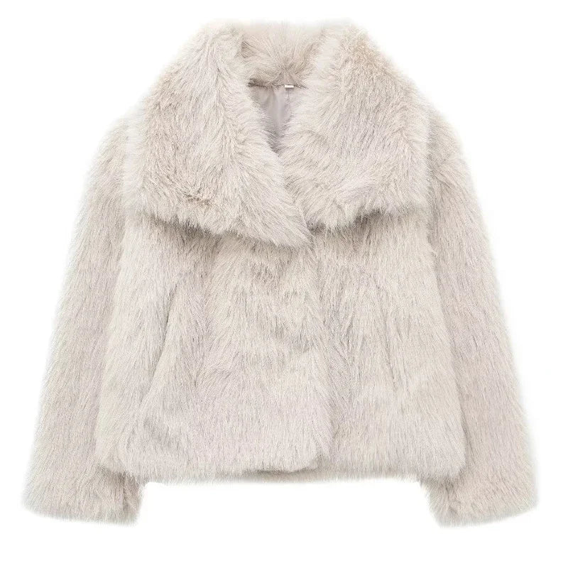 TRAF 2024 Woman Autumn Winter Faux Fur Coat Plush Fluffy Women's Jacket New in Outerwears White Red Gray Black Wool Blends Coats