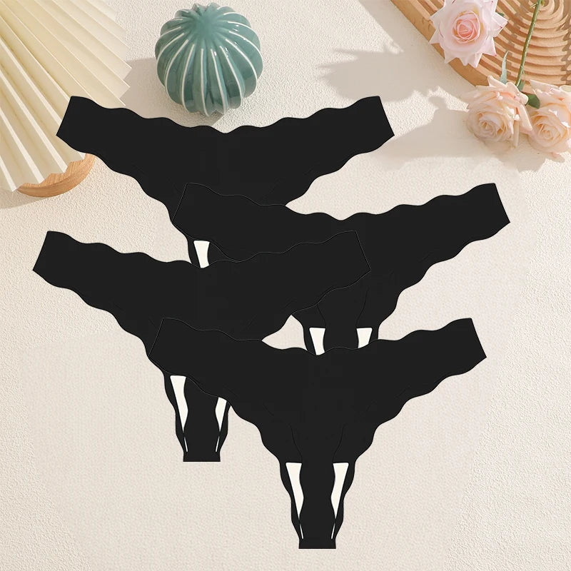 FINETOO 4Pcs Women's Sexy Panties Ice Silk Satin Seamless Thongs Fashion Seamless Panties Sexy Lingerie Lady Wavy Edge G-Strings