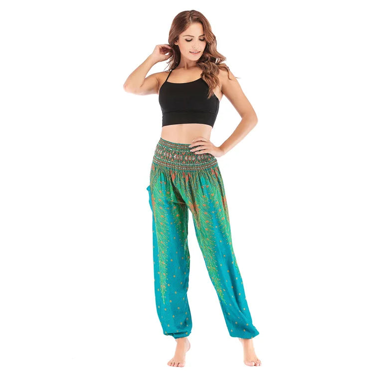 Women Yoga Boho Pants Leggings Floral Printing With Pocket Harem Bohemian High Waist  elastic waistband and ankle strapping