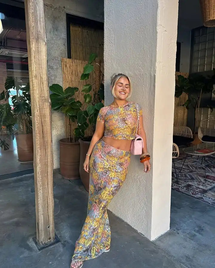 Women Chic Rainbow Lace Print Maxi Skirt Set Sexy Skinny Short Sleeved See Through Top Suit Lady Summer Ladies Party Outfit 2025