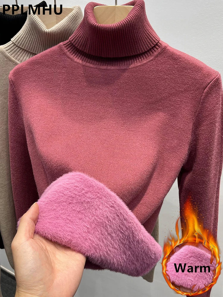 Thicken Velvet Turtleneck Sweater Women Korean Fashion Lined Warm