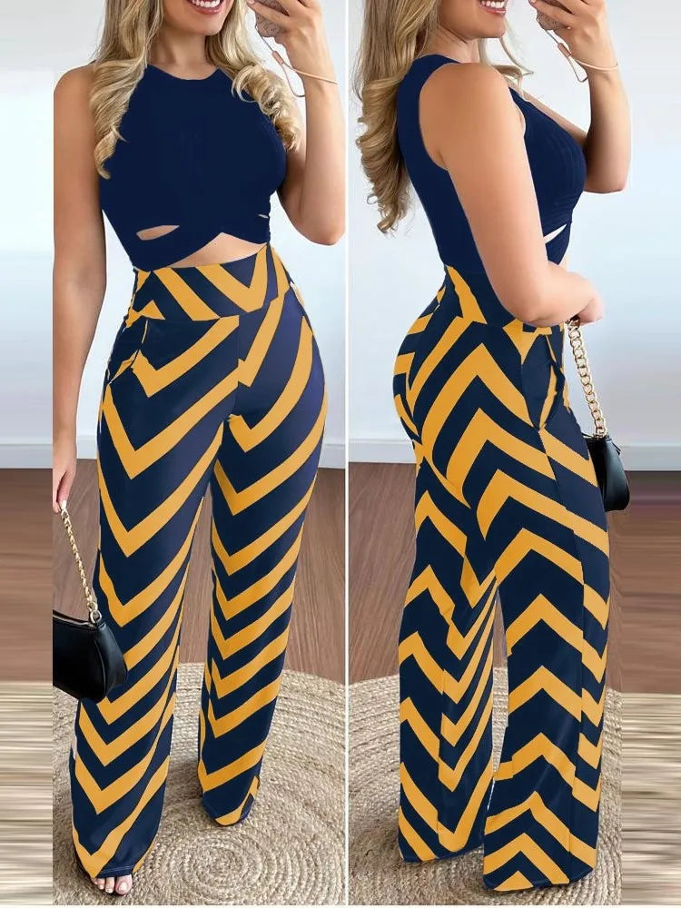 Spring Summer New Sleeveless Short Top Women's Suit Fashion Printed Trousers Slim Slim Simple Elegant Female Office 2 Piece Set