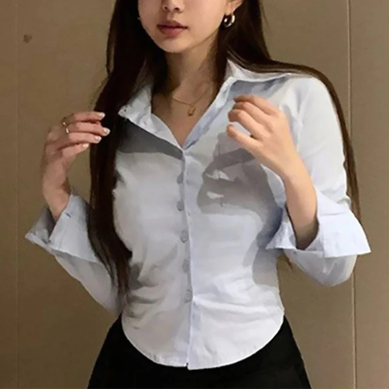 White Office Women Chiffon Shirt Pocket Button Lapel Ladies Blouse Spring Commuter Long Sleeve New Female Crop Tops