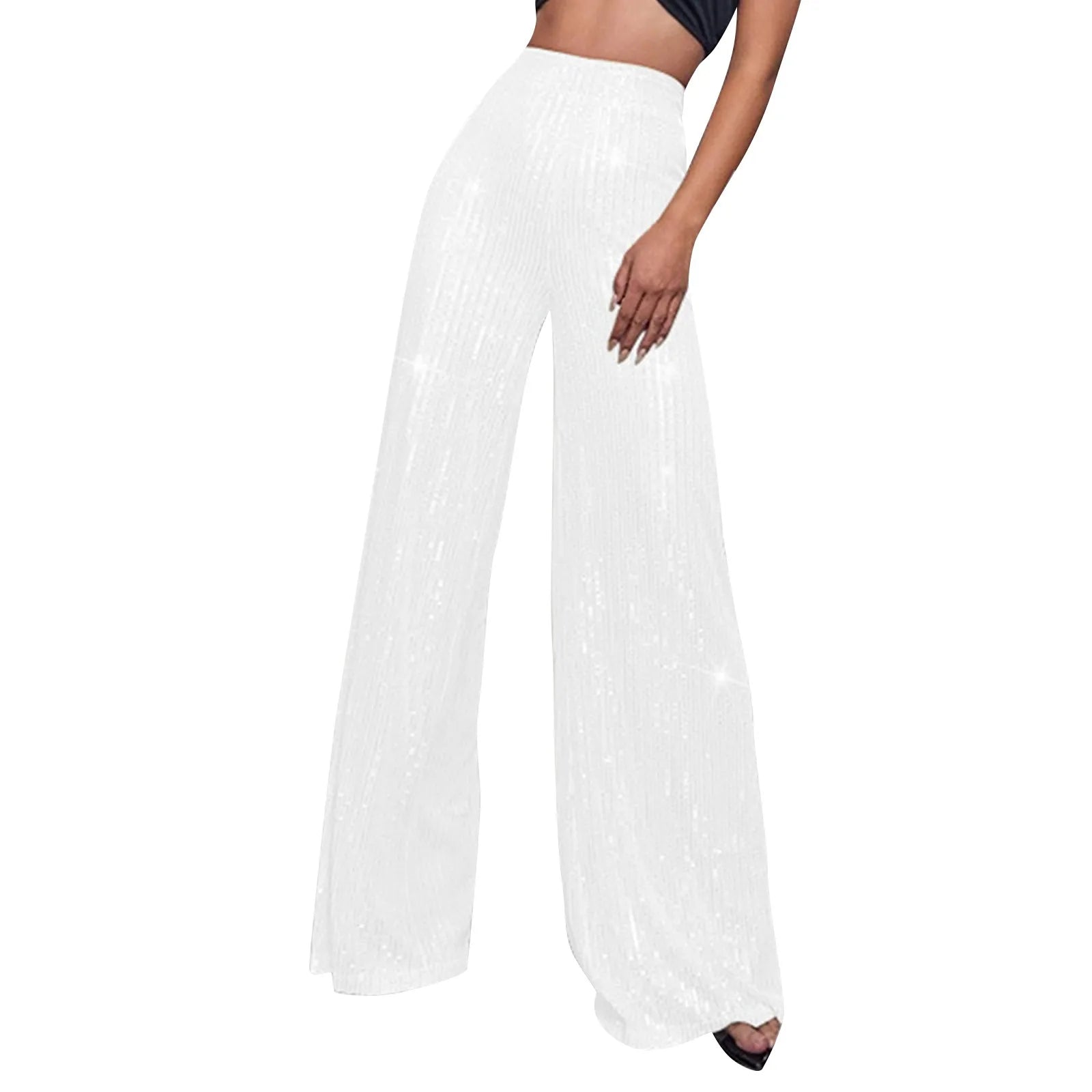 Women's Fashion Solid Color High Waist Sequin Side Zipper Draped Wide Leg Pants Pants for Women Women’s Pants Women’s Pants 2024