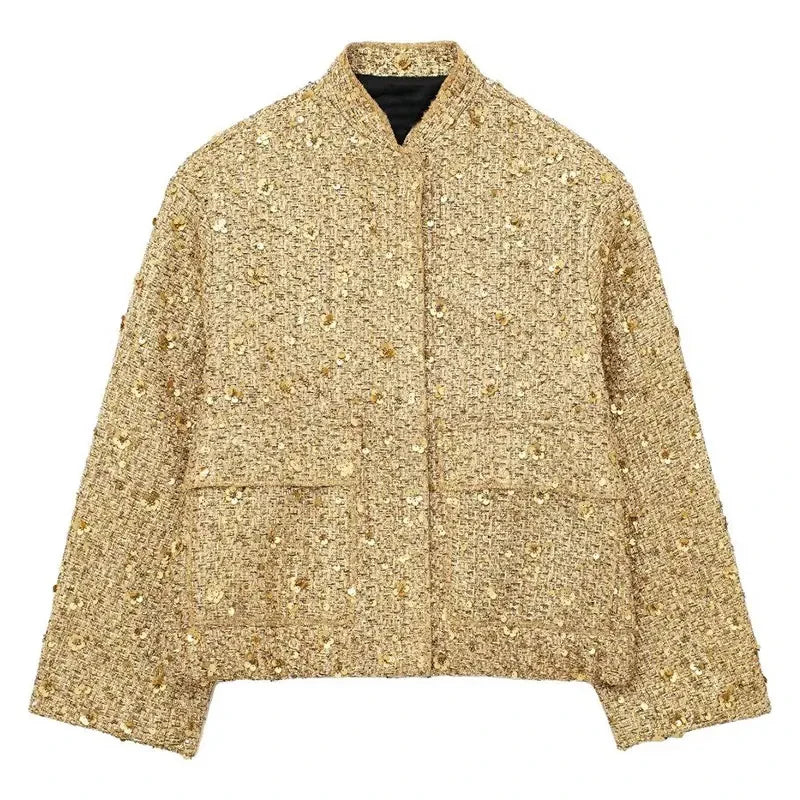 TRAF Women Fashion Shiny Sequin Jacket Y2k Gold Color Stand Collar