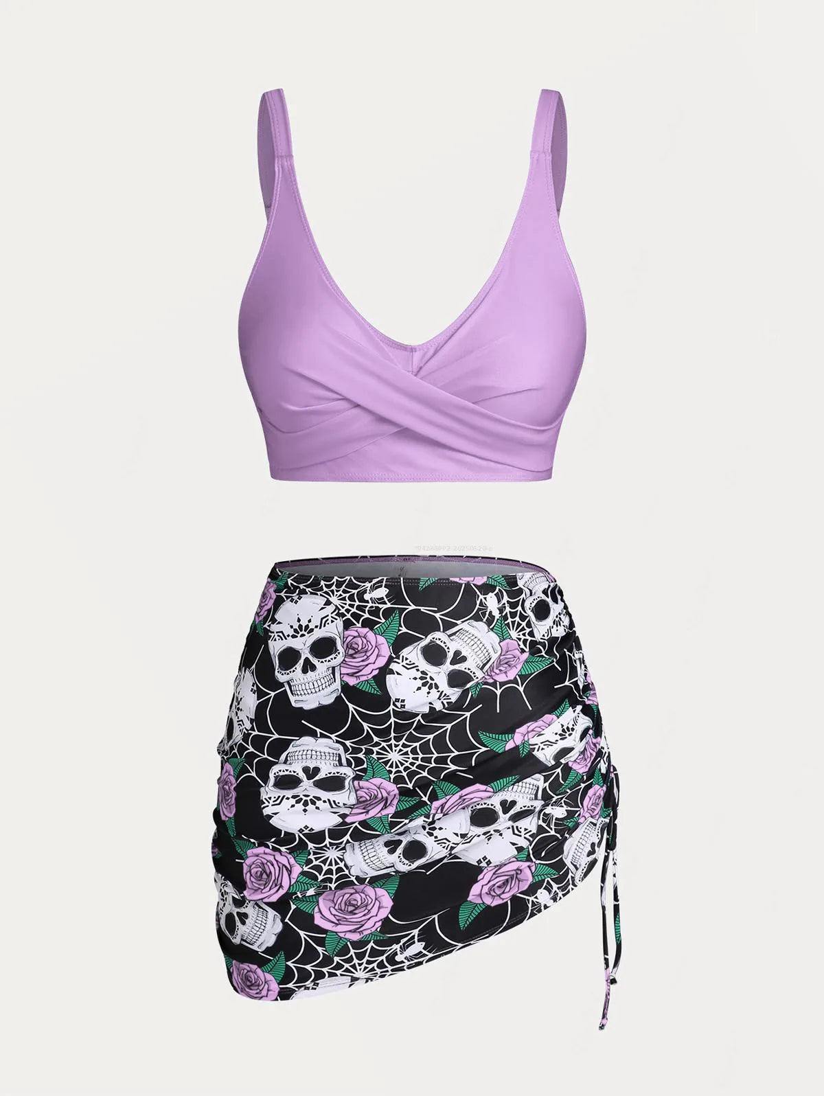 ROSEGAL Plus Size Women's Plus Size & Curve Skull Rose Print Crossover Three Piece Bikini Swimsuits