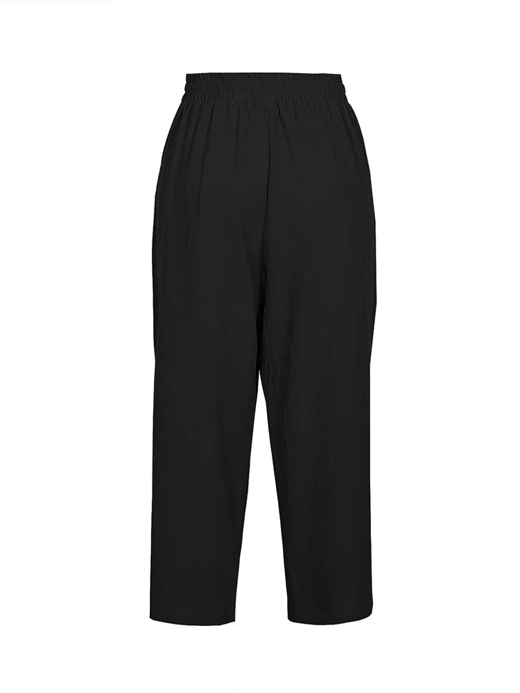 Plus Size 2024 Summer New Women Trousers  High Waist Pants Straight Drawstring Cotton Linen Pants Ladies Elasticated Waist Pants