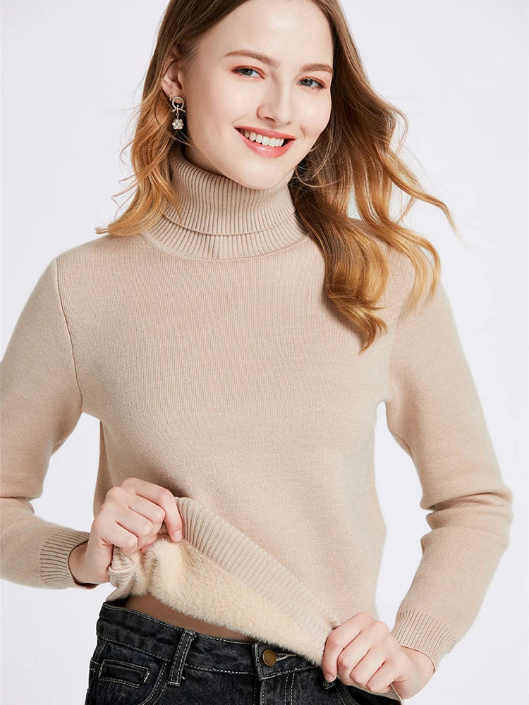 Thicken Velvet Turtleneck Sweater Women Korean Fashion Lined Warm