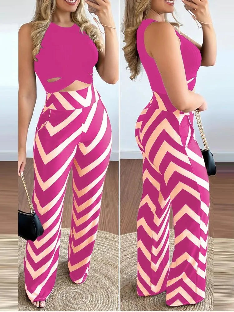 Spring Summer New Sleeveless Short Top Women's Suit Fashion Printed Trousers Slim Slim Simple Elegant Female Office 2 Piece Set