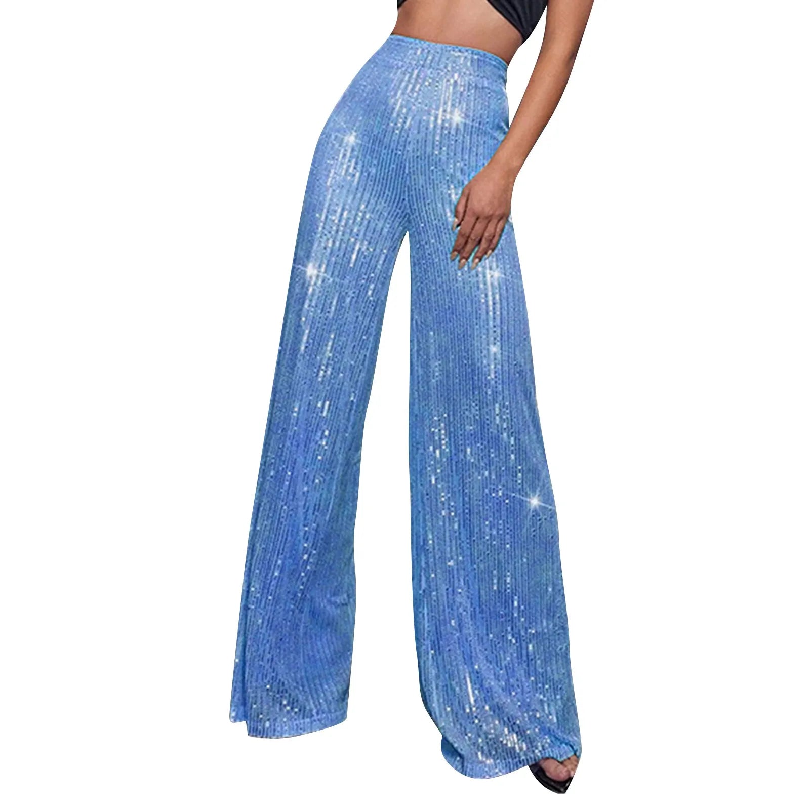 Women's Fashion Solid Color High Waist Sequin Side Zipper Draped Wide Leg Pants Pants for Women Women’s Pants Women’s Pants 2024