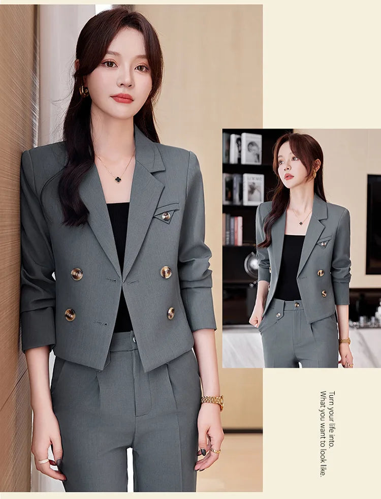 Solid Suits for Women 2024 Spring Fashion Office Ladies Long Sleeve Double Breasted Short Tops Chic Slim High Waisted Pant Suits