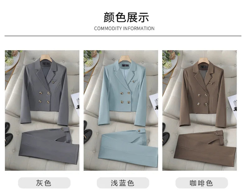 Solid Suits for Women 2024 Spring Fashion Office Ladies Long Sleeve Double Breasted Short Tops Chic Slim High Waisted Pant Suits