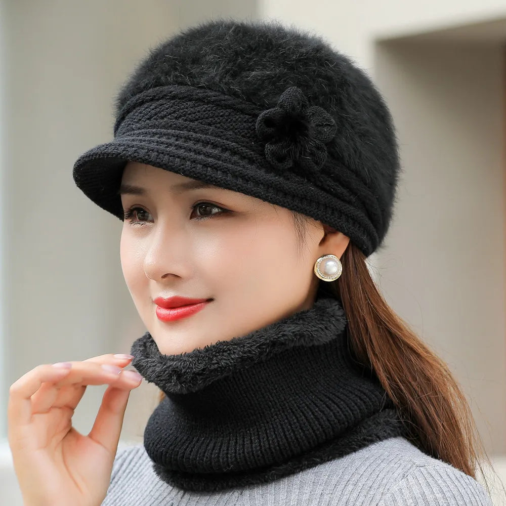 New Women’s Winter Hat & Scarf Set – Faux Fur Lined Knitted Hat with Flower Accent