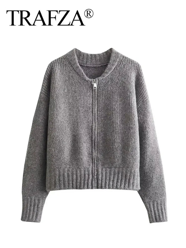 TRAFZA Women Vintage Solid Color Coat Long Sleeve Round Neck Sweater Jacket