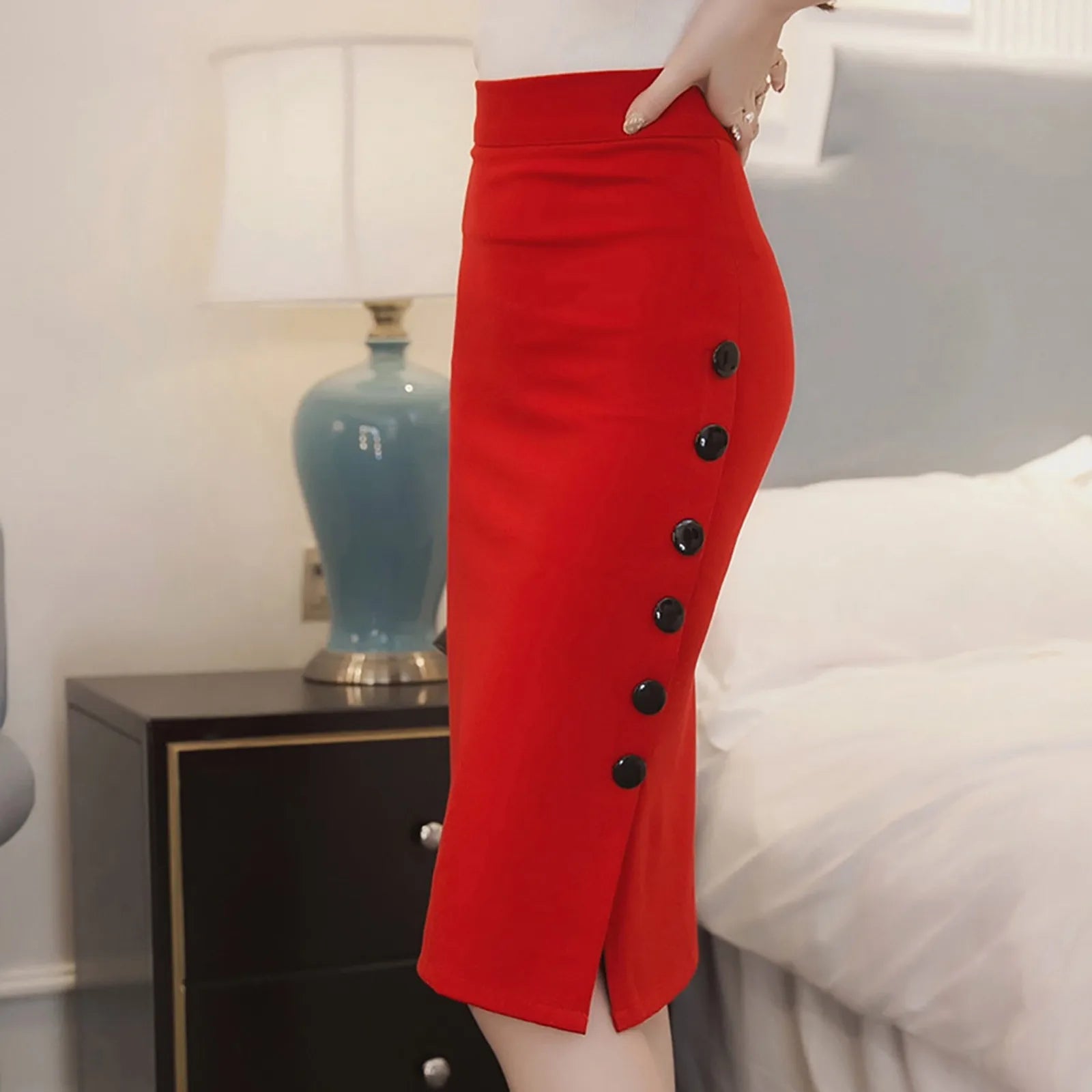 Elegant Women Vintage Office Lady Slim Skirts High Waist Buttons Slit Pencil Skirts