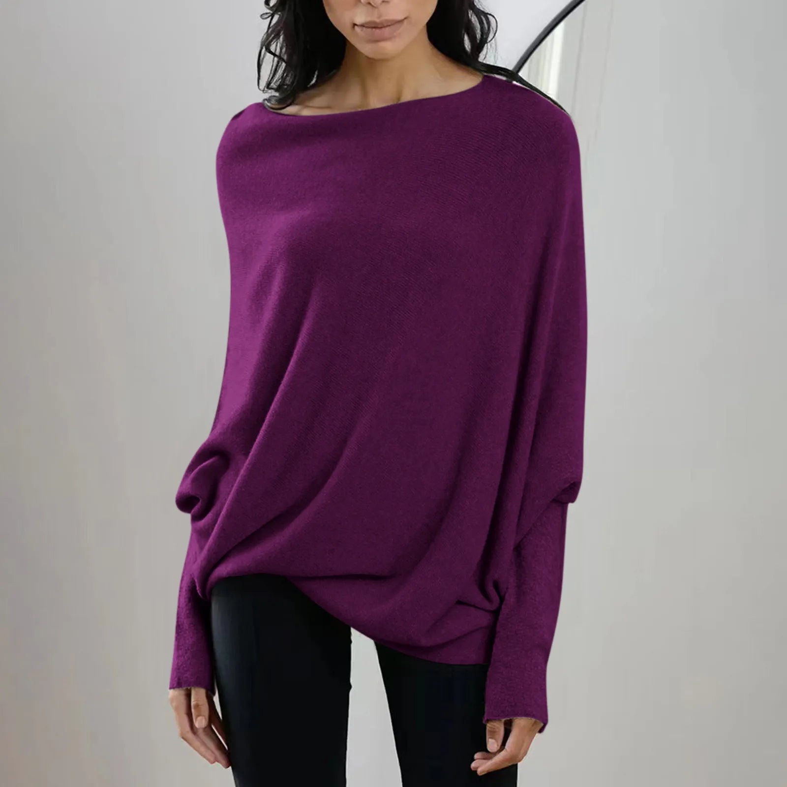 Womens Long  Sleeve Neck Tunic Tops  Fall Baggy Slouchy Pullover Sweaters Off The Shoulder Sweater