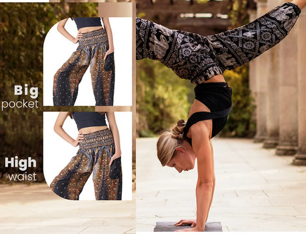 Women Yoga Boho Pants Leggings Floral Printing With Pocket Harem Bohemian High Waist  elastic waistband and ankle strapping