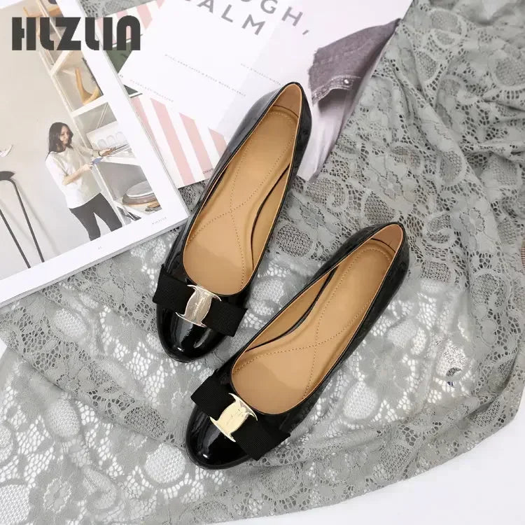 Luxury Leather Ballet Flat Shoes – Round Toe with Bow Design for Women Size: 9.5