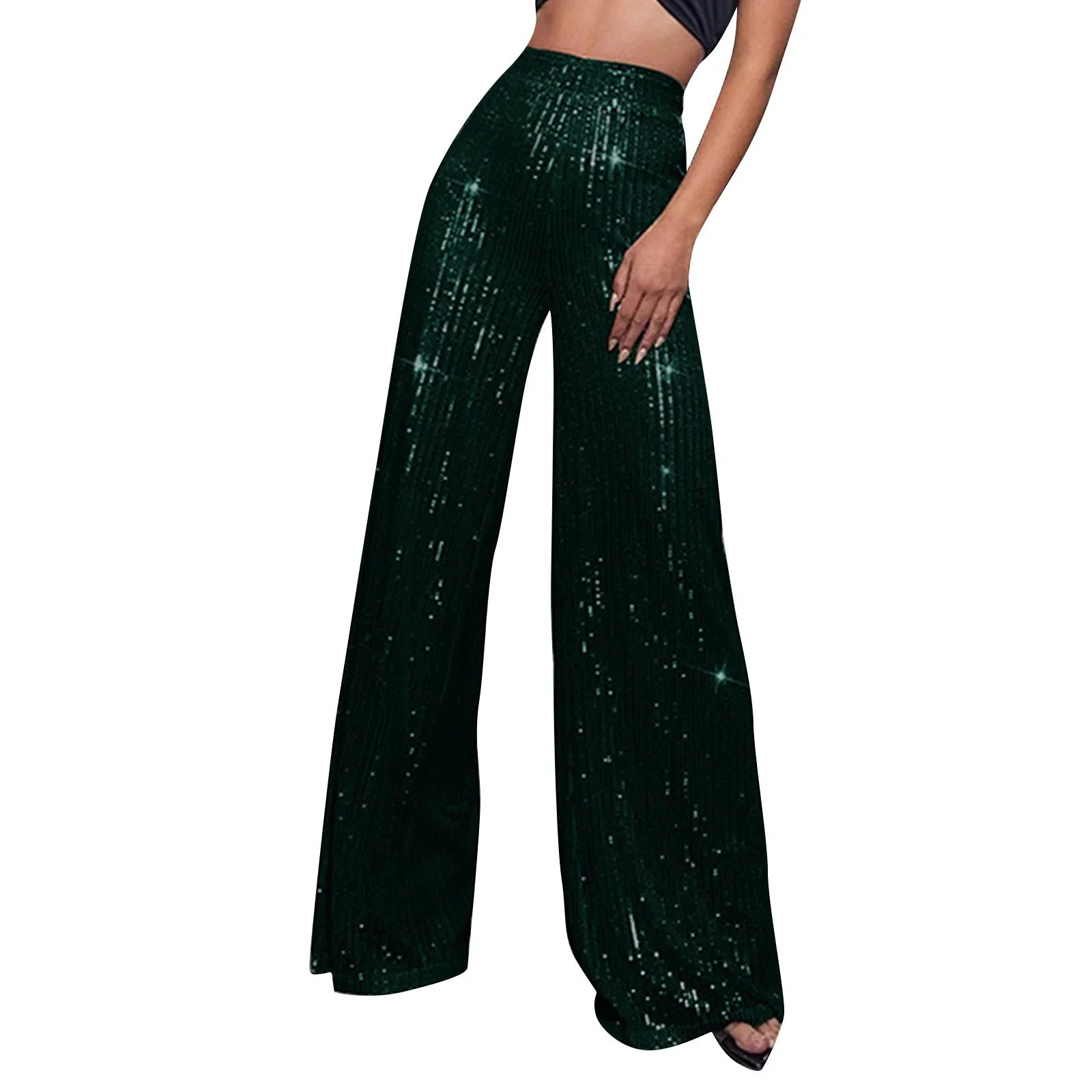 Women's Fashion Solid Color High Waist Sequin Side Zipper Draped Wide Leg Pants Pants for Women Women’s Pants Women’s Pants 2024