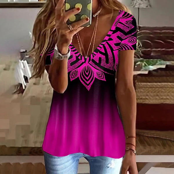 Summer Women T Shirt Stripes Print Gradient Clothing V Neck Short Sleeve Basic Tops Streetwear Fashion Oversized Girls T-shirts