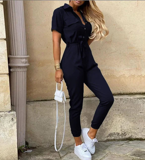 Casual Short Sleeve Jumpsuit Office Lady Spring Summer Fashion Elegant Solid Lace Up Jumpsuits For Women 2023 One Piece Rompers