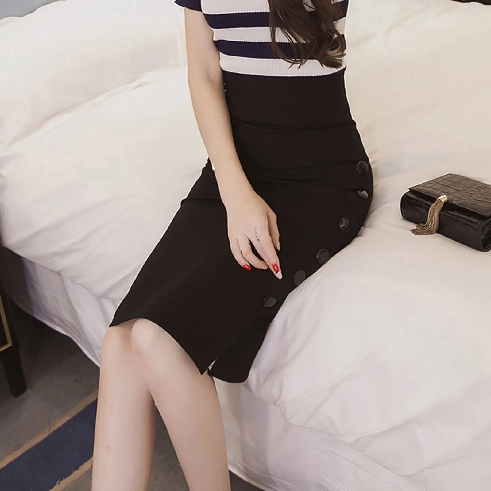 Elegant Women Vintage Office Lady Slim Skirts High Waist Buttons Slit Pencil Skirts