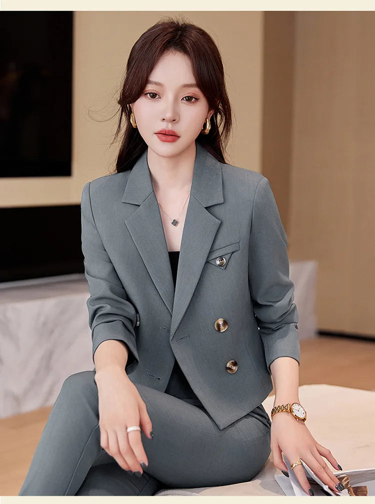 Solid Suits for Women 2024 Spring Fashion Office Ladies Long Sleeve Double Breasted Short Tops Chic Slim High Waisted Pant Suits
