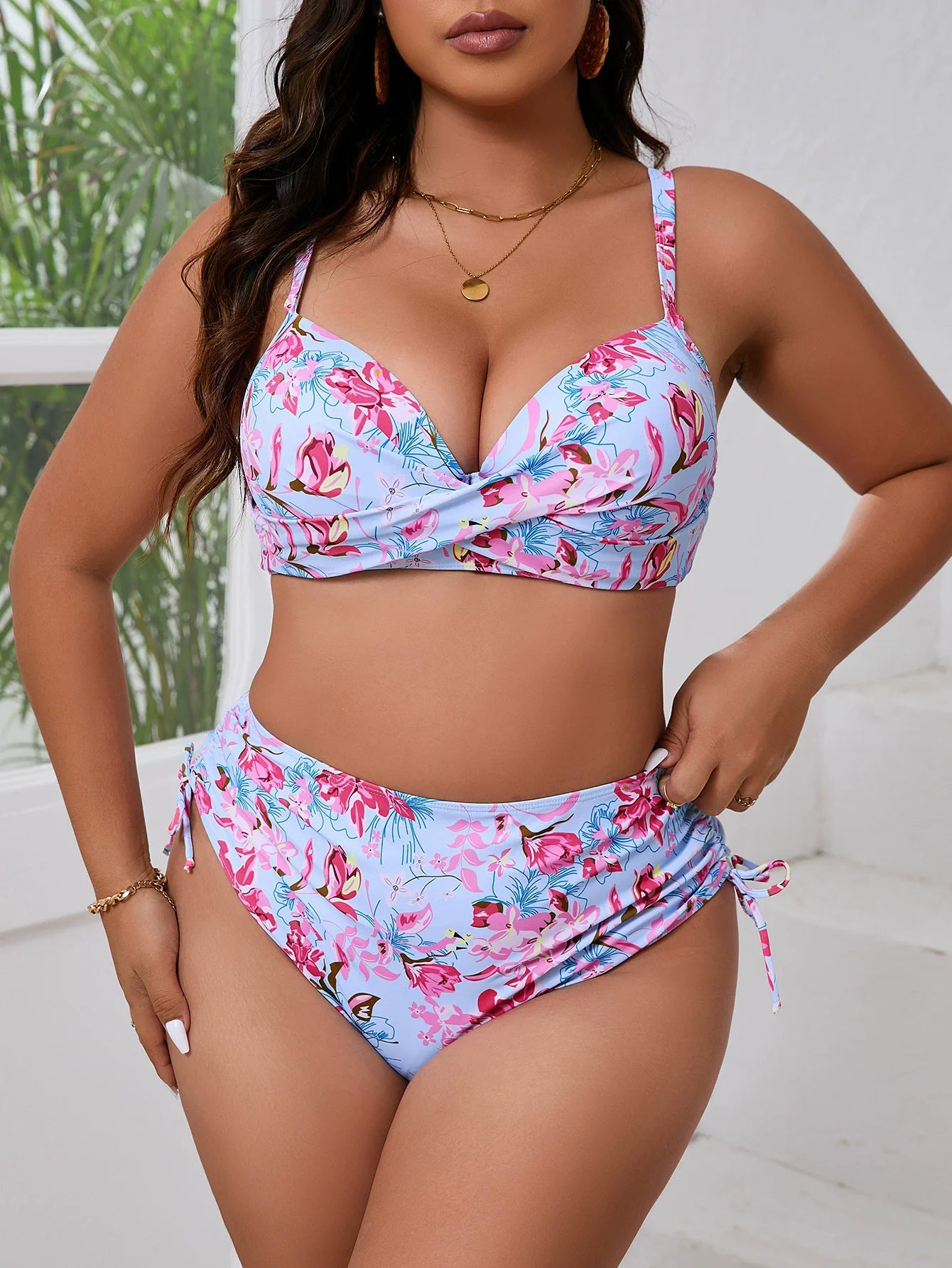 Women Plus Size Two Piece Swimsuit Bikini Sets 2025 Swimwear Floral Print Bathing Suit Drawstring New In Matching Sets
