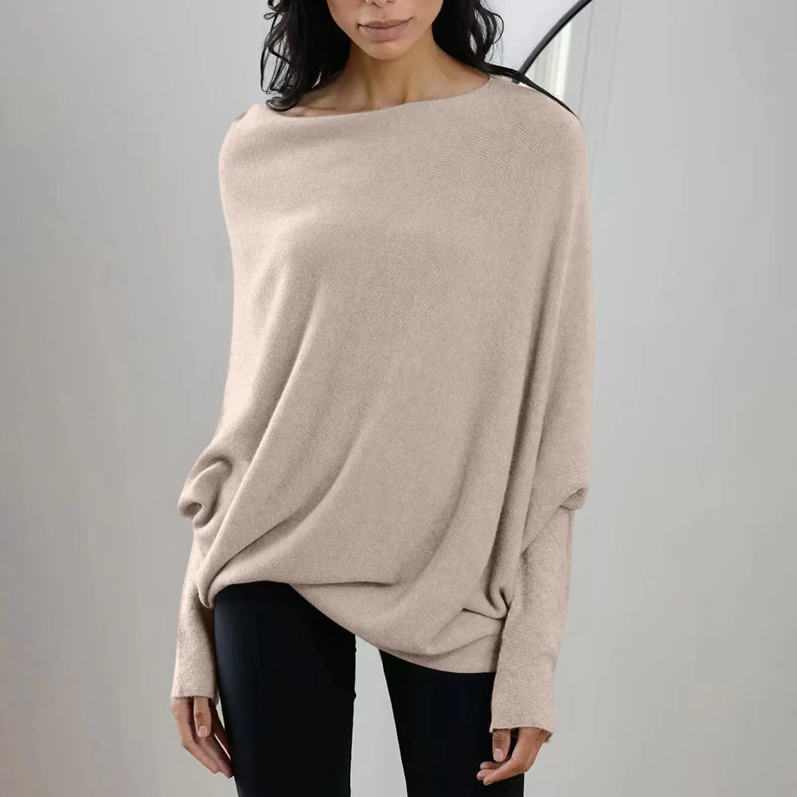 Womens Long  Sleeve Neck Tunic Tops  Fall Baggy Slouchy Pullover Sweaters Off The Shoulder Sweater