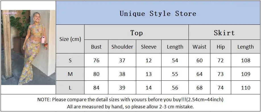 Women Chic Rainbow Lace Print Maxi Skirt Set Sexy Skinny Short Sleeved See Through Top Suit Lady Summer Ladies Party Outfit 2025