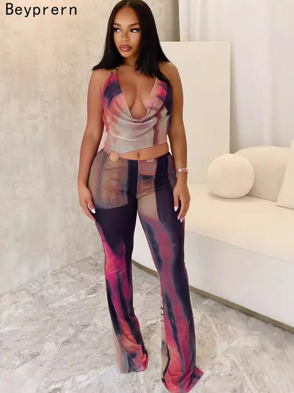 Beyprern Women's Glamours Dreams Jumpsuit Girls Halter Neck Cut-Out O-Rings Tie Dye Rompers Overalls One Piece Outfits Clubwear