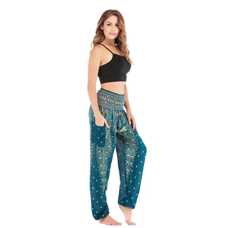 Women Yoga Boho Pants Leggings Floral Printing With Pocket Harem Bohemian High Waist  elastic waistband and ankle strapping