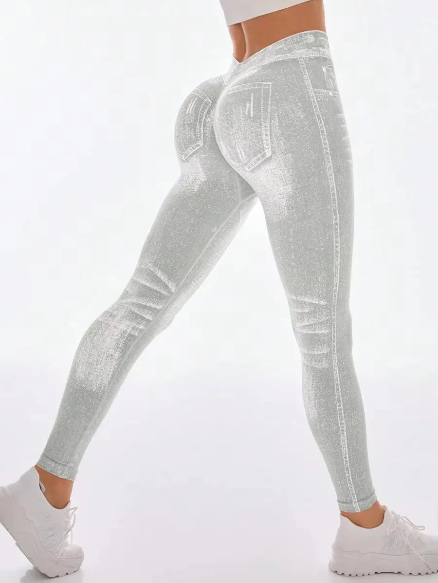 Women V Back Jean Leggings Gym Yoga Pants Casual Elastic Workout Exercise Fitness Running Fitness Tights