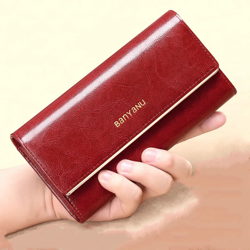 Leather Clutch Bag RFID Blocking Trifold Purse With Credit Cards Holder