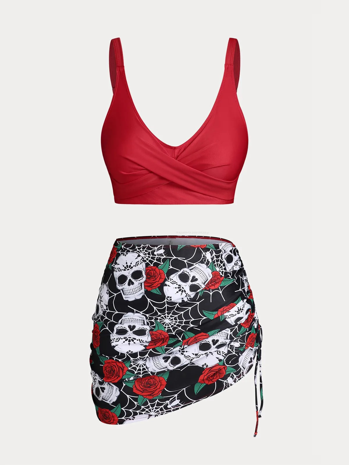 ROSEGAL Plus Size Women's Plus Size & Curve Skull Rose Print Crossover Three Piece Bikini Swimsuits