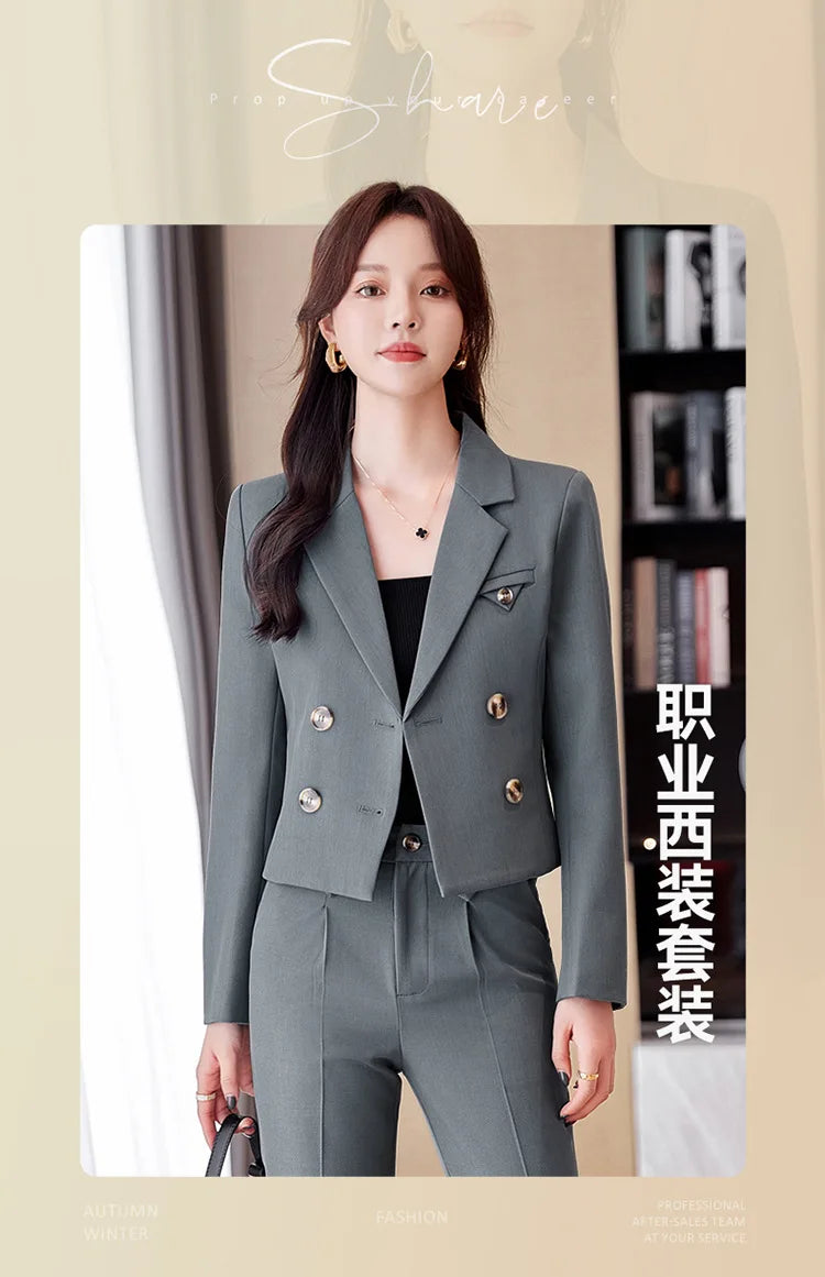 Solid Suits for Women 2024 Spring Fashion Office Ladies Long Sleeve Double Breasted Short Tops Chic Slim High Waisted Pant Suits