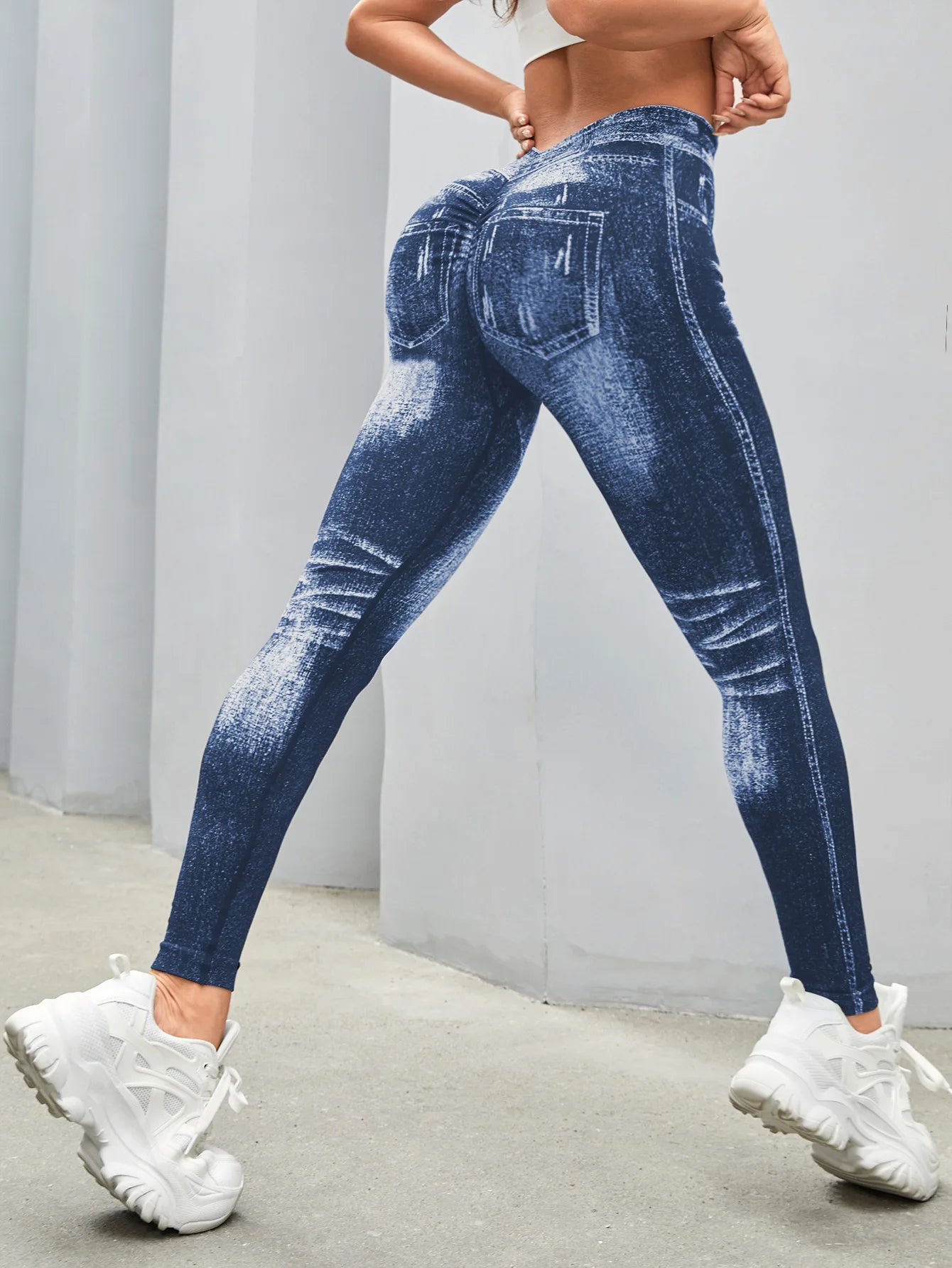 Women V Back Jean Leggings Gym Yoga Pants Casual Elastic Workout Exercise Fitness Running Fitness Tights
