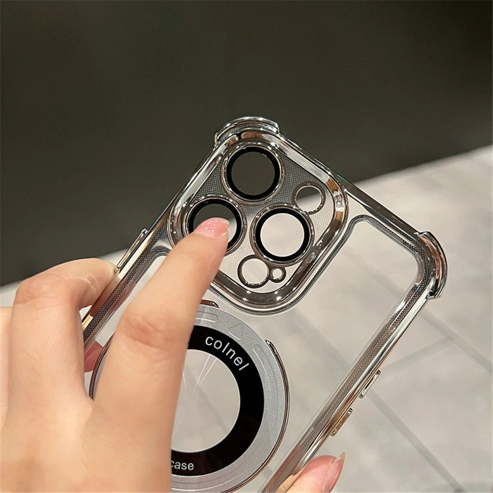 Luxury Plating Shockproof Magnetic Bracket For Magsafe Clear Case For iPhone