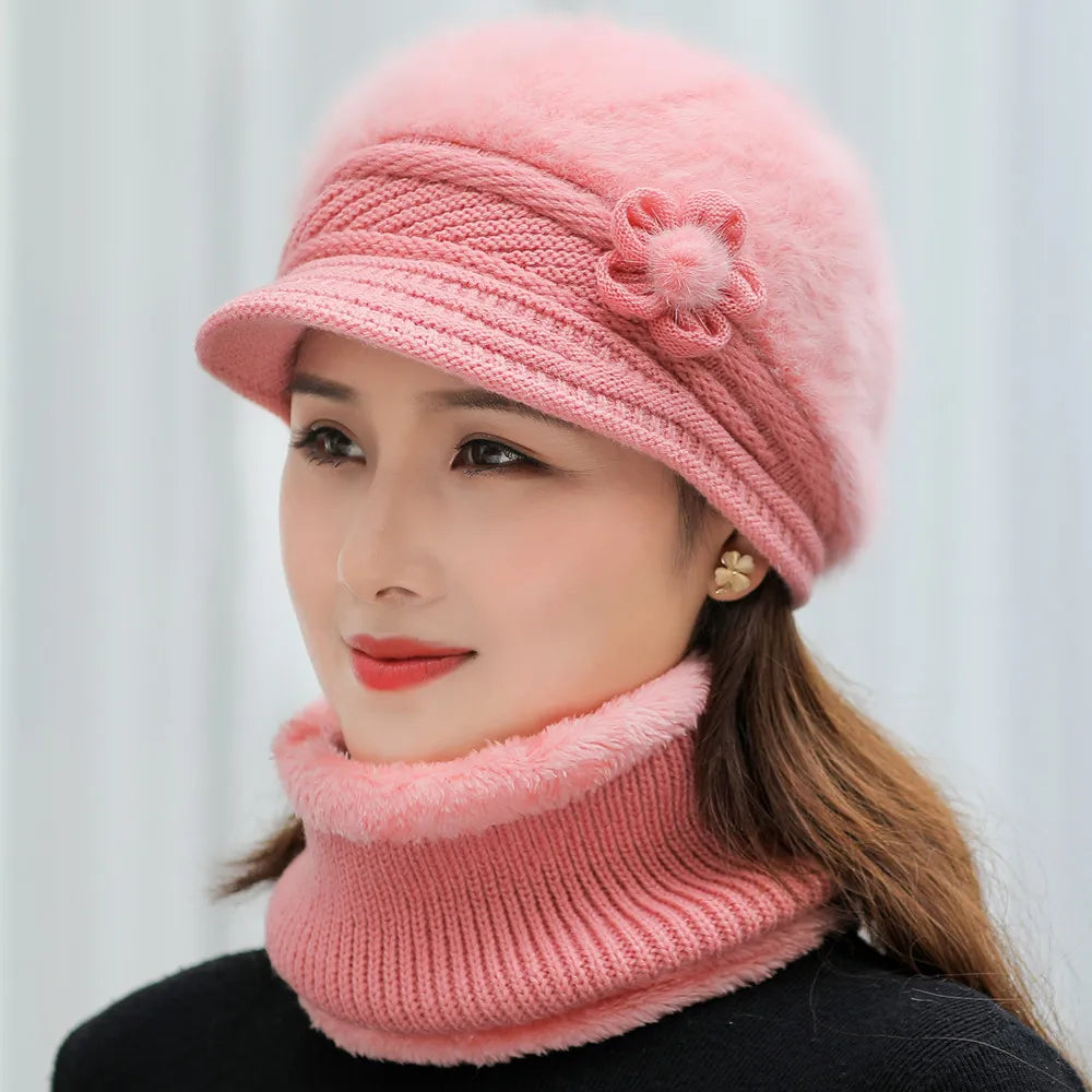 New Women’s Winter Hat & Scarf Set – Faux Fur Lined Knitted Hat with Flower Accent