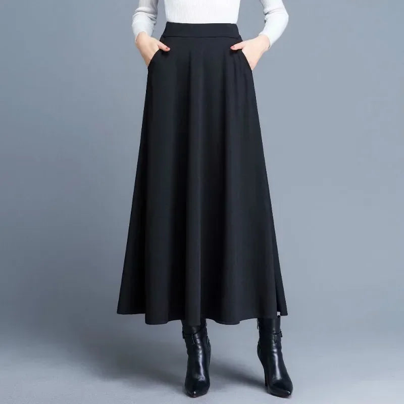 Autumn and Winter Solid Color Woolen Skirt Big Hem