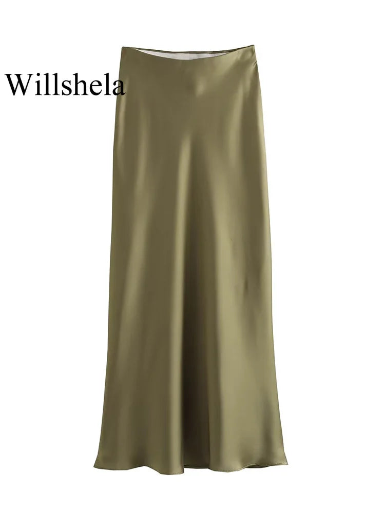 Willshela 2024 Black Satin Skirt Woman High Waist