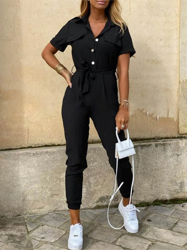 Casual Short Sleeve Jumpsuit Office Lady Spring Summer Fashion Elegant Solid Lace Up Jumpsuits For Women 2023 One Piece Rompers