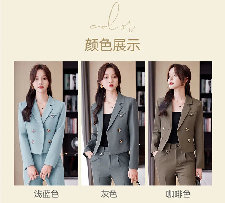 Solid Suits for Women 2024 Spring Fashion Office Ladies Long Sleeve Double Breasted Short Tops Chic Slim High Waisted Pant Suits