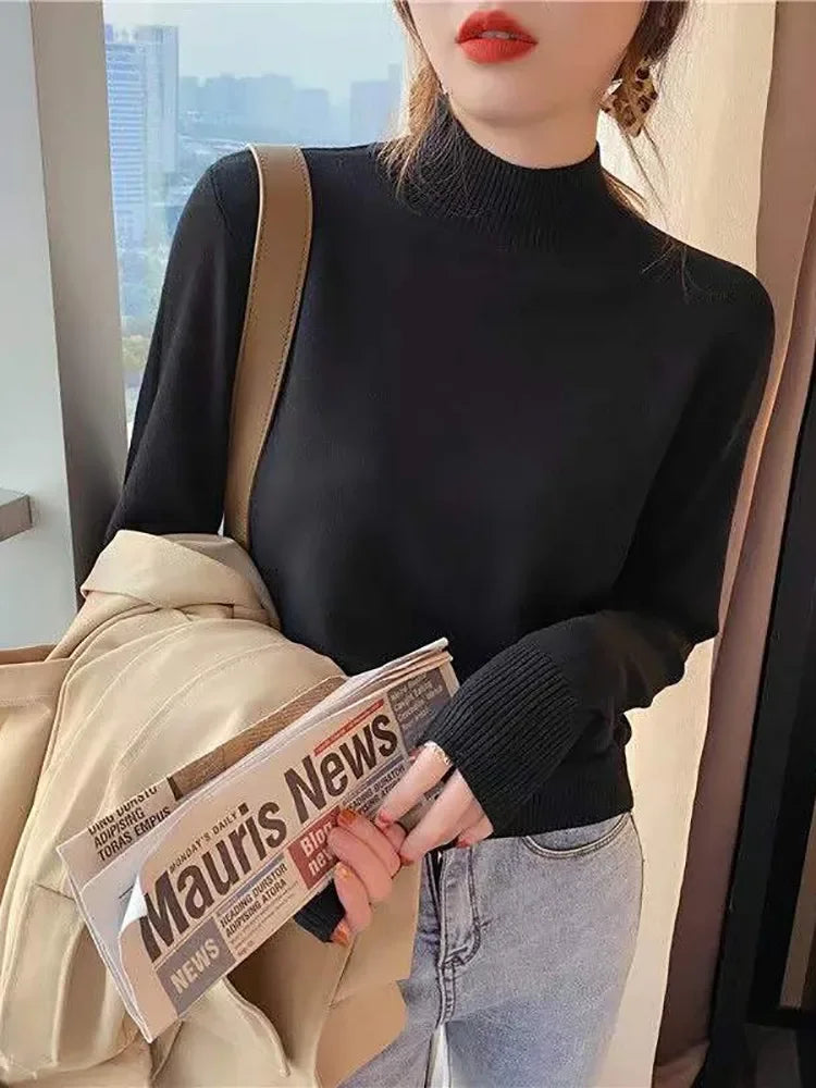 Autumn Winter Chic Bottom Sweaters Turtleneck Pullover Loose Long Sleeve