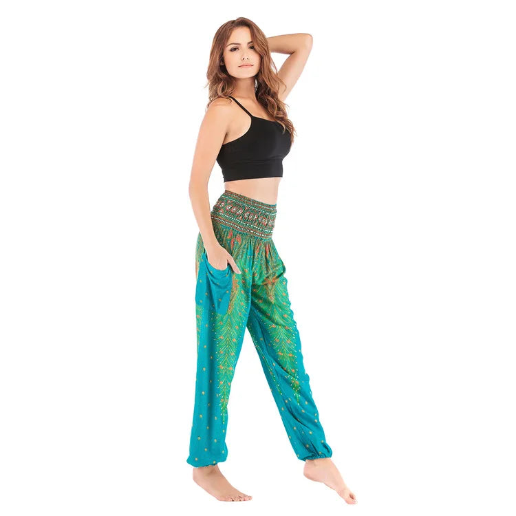Women Yoga Boho Pants Leggings Floral Printing With Pocket Harem Bohemian High Waist  elastic waistband and ankle strapping