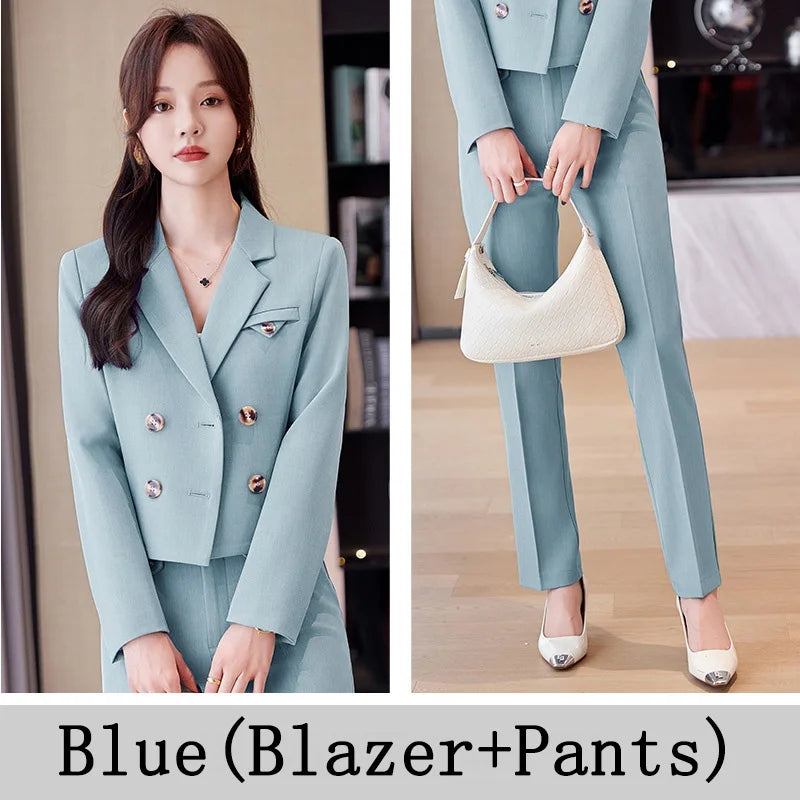 Solid Suits for Women 2024 Spring Fashion Office Ladies Long Sleeve Double Breasted Short Tops Chic Slim High Waisted Pant Suits