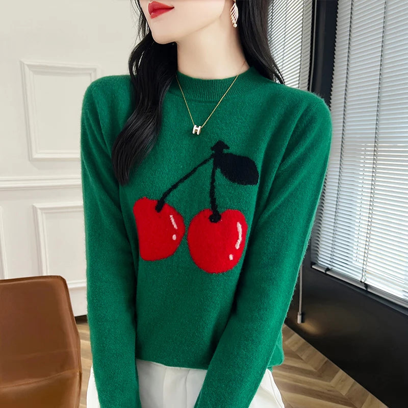 Autumn and Winter Women's Pullover Embroidered Pure Wool Knit Sweater